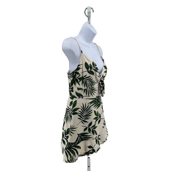 Lush Green Tropical Leaf Linen Romper Womens Small Faux Wrap Skirt Twist Front - Picture 3 of 9
